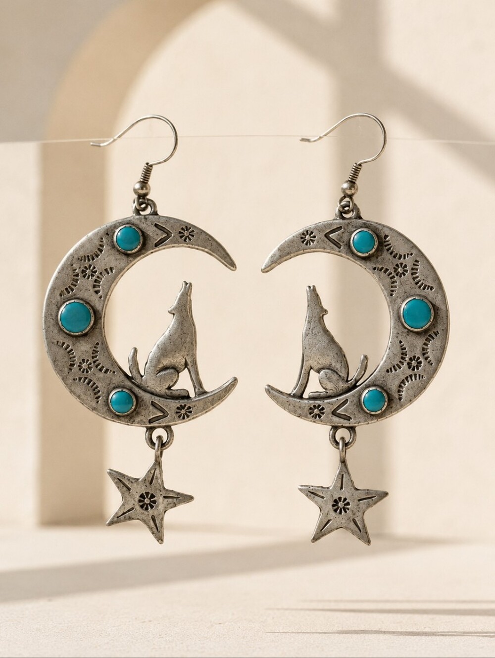 Vintage JJ Jonette 1988 Santa Fe Wolf Moon Pewter Earrings Faux Turquoise